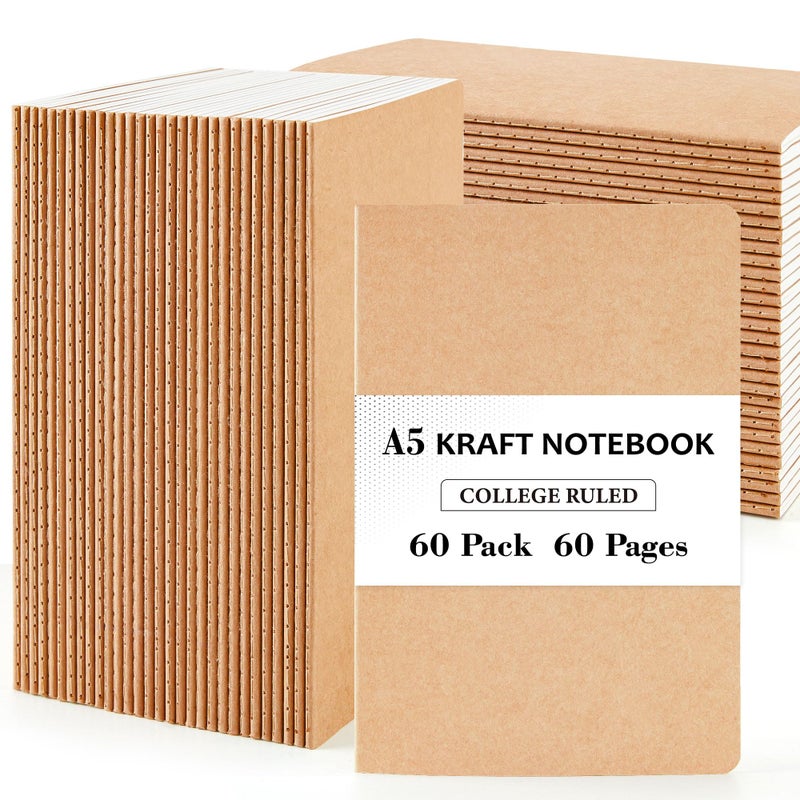 feela 60 Pack Kraft Notebooks Bulk, Lined Travel Journals Note Pad Notebooks for Men Women Girls Students, Making Plans Writing Memos Office School Supplies, A5, 60 Pages, 8.3    X 5.5 - Image 1